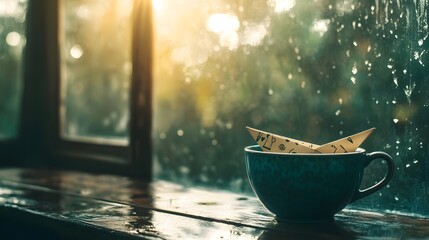 Paper Boat Floating in a Coffee Cup by Rainy Window at Golden Hour perfect for cozy lifestyle blogs, creative storytelling visuals, poetic illustrations, rainy day campaigns and reflective editorials