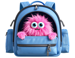  Pink Furry Monster Peeking Out from a Backpack, Childlike and Curious, 3D PNG