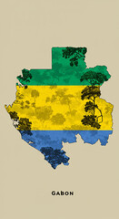 Stylized graphic blending Gabon’s green-yellow-blue tricolor into the equatorial map shape of the country. Dense rainforest textures and protected reserve outlines