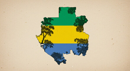 Stylized graphic blending Gabon’s green-yellow-blue tricolor into the equatorial map shape of the country. Dense rainforest textures and protected reserve outlines