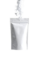 sachet being torn open, with powder granules falling 