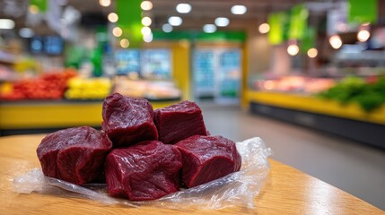 Freshly butchered tomahawk steaks on display in market with various meat cuts in the background for culinary enthusiasts