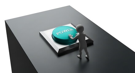 3D stick figure presses a vibrant power button on a modern gray surface