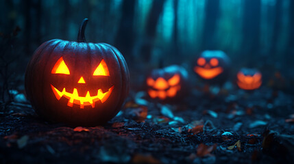 Fototapeta premium Halloween is a spooky, eerie, and chilling time of year, filled with ghostly shadows and haunted houses. Streets become foggy and dark, lit only by flickering jack-o’-lanterns carved from grinning pum