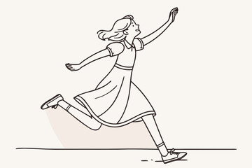Fototapeta premium Young girl running in dress, front view captured in minimalist line art to convey joy and movement, modern flat illustration style
