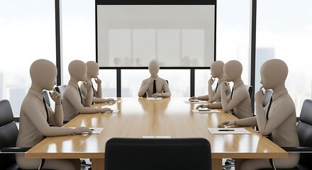 A conceptual 3D rendering representing a corporate meeting, illustrating group brainstorming