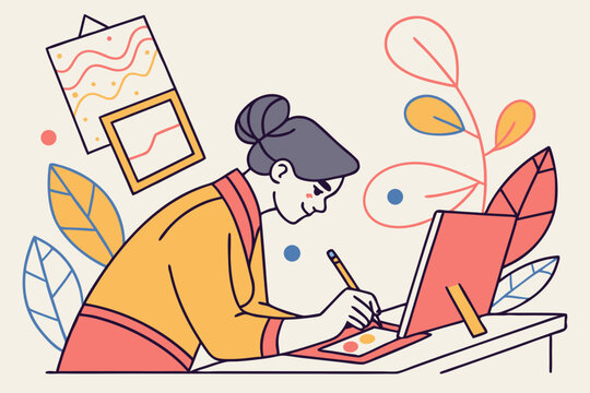An illustrator draws on a tablet with creative focus, surrounded by colorful sketches and ideas at her desk, modern flat illustration style.
