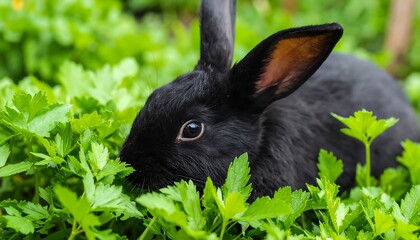 Close-up of black rabbit in greenery