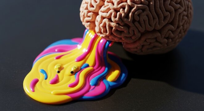 Brain Drain: Colorful Creativity Flowing from a Human Brain with Lightbulb Accents