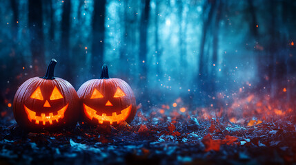Obraz premium Halloween is a spooky, eerie, and chilling time of year, filled with ghostly shadows and haunted houses. Streets become foggy and dark, lit only by flickering jack-o’-lanterns carved from grinning pum