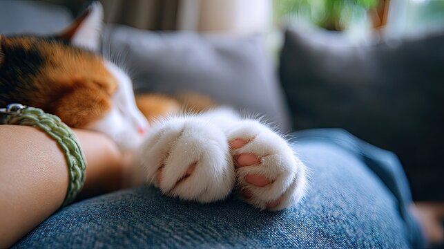 Cat enjoys playful interaction with owner's hand while lounging in sunlight, cozying up on a blanket outdoors
