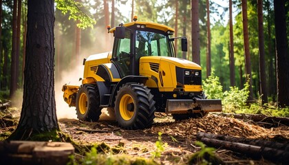 Yellow tractor in a forest clearing