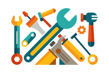 Colorful flat design illustration of various hand tools arranged in a dynamic composition