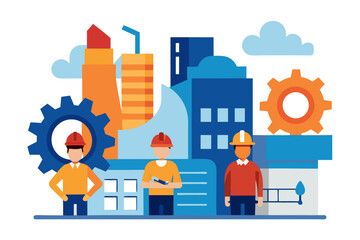 Diverse construction workers collaborate on industrial project with city buildings and gears