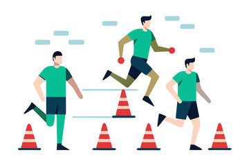 Athletes navigating an obstacle course with cones and hurdles