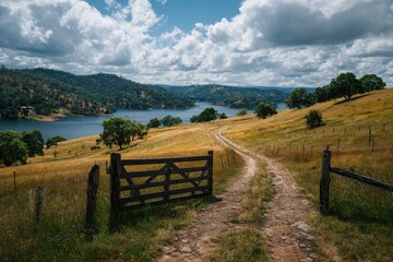 Scenic countryside path leading through wooden gates towards a serene lake and rolling hills under a cloudy sky