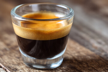 A close up of a shot of espresso in a glass on a wooden textured surface
