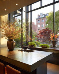 Modern Kitchen Interior With Large Windows and Floral Arrangements Overlooking Urban Landscape