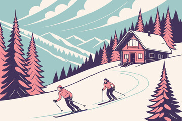 Two skiers descend a snowy slope near a cozy cabin nestled among pine trees with mountains in the distance