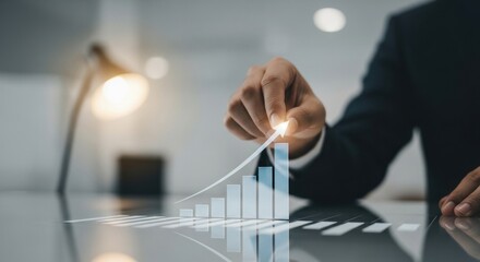 Businessman's hand guiding upward arrow on a bar graph, symbolizing growth and success