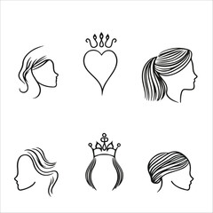 Group of Salon Icon Set in EPS – Black Outline Beauty Icons with Crowned Women, Hairstyle Silhouettes, and Hair Logo Elements for Skincare and Cosmetic Branding