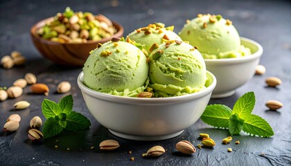 Pistachio ice cream in white bowls