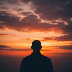 Fototapeta premium A solitary figure silhouetted against a vibrant sunset sky filled with dramatic clouds