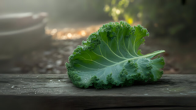 Fresh Kale Leaf with Water Droplets on a Rustic Wooden Surface - Powered by Adobe