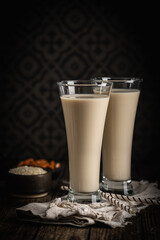 Tiger nut milk. Refreshing cold drink from Valencia. Horchata de chufa. Horchata with rice