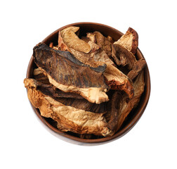 Pieces of dried mushrooms in bowl isolated on white, top view