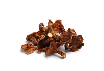 Many dried chanterelle mushrooms isolated on white