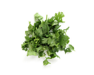Pile of fresh cilantro sprigs isolated on white, top view