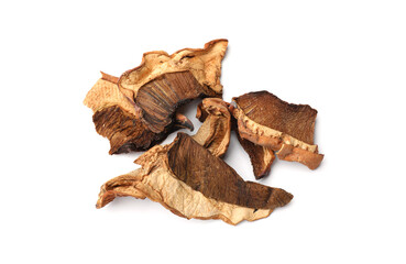 Pieces of dried mushrooms isolated on white, top view
