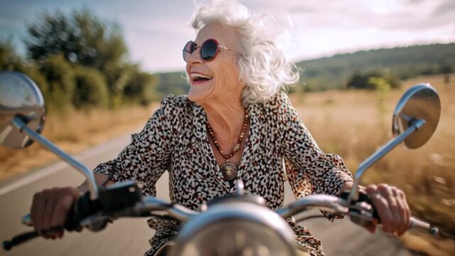 Coole Oma, Rentnerin f&auml;hrt mit einem Motorrad durch die Gegend, Generative AI