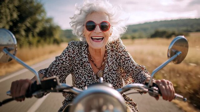 Coole Oma, Rentnerin f&auml;hrt mit einem Motorrad durch die Gegend, Generative AI