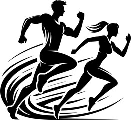 Running man and woman, isolated vector silhouettes. Run, side view. Silhouettes of athletic looking male and female runners running. EPS version.