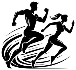 Running man and woman, isolated vector silhouettes. Run, side view. Silhouettes of athletic looking male and female runners running. JPEG version.