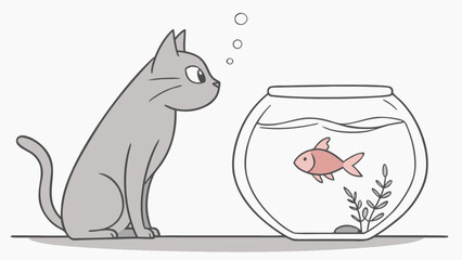 Gray cat sitting and looking at a goldfish in a bowl with thought bubbles above its head on white background