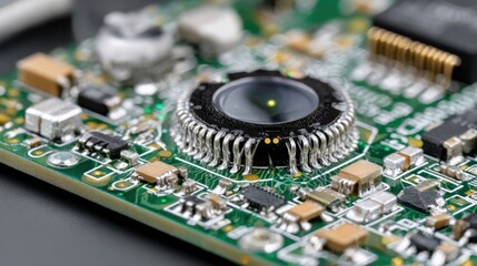 Close-up of circuit board with camera lens