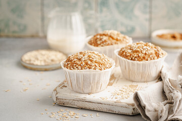 Home Baked Superfood Muffins With Oats, Seeds, Banana, Honey and nut milk. Healthy food and health life