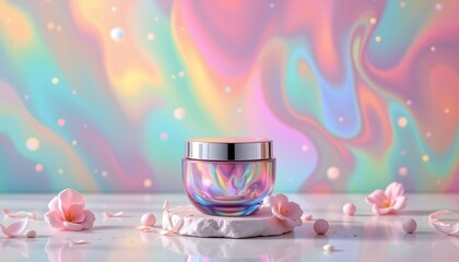 a cosmetic product in a vibrant, colorful background that appears to be a bokeh effect with hues of pink and purple.