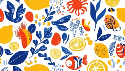 Colorful pattern with lemons, fish, leaves, and flowers