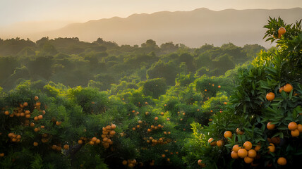 Lush Orange Grove with Ripe Fruit and Mountain Backdrop at Sunset