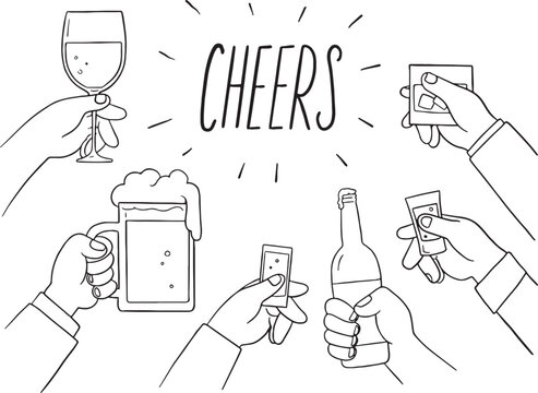 hands holding various alcoholic beverages, including wine, beer, and shots, raising them in a toast. The word "CHEERS" is prominently displayed in the center. This black and white line illustration.