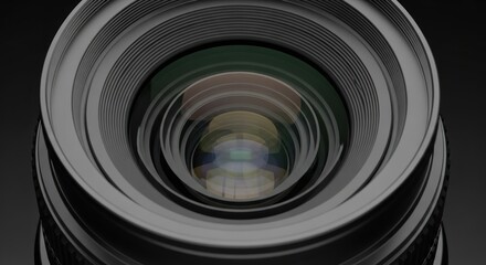 Close-up of a camera lens with visible internal glass elements and a gray metallic exterior