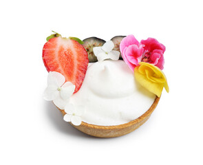 Delicious dessert. Tartlet with cream, berries and flowers isolated on white