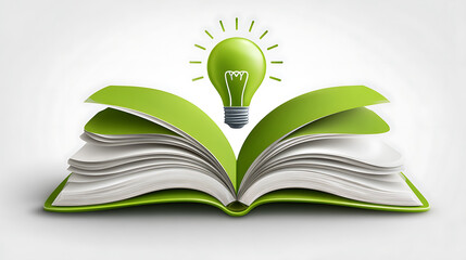 Open Book with Green Light Bulb Knowledge Education and Innovation
