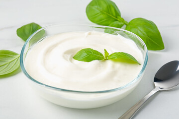 Tasty yoghurt with basil in bowl on white table, closeup