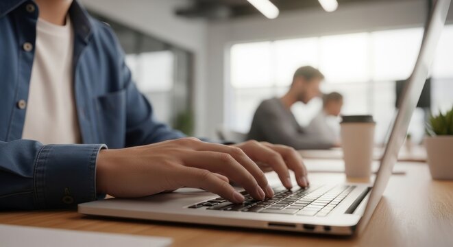 Close-up of hands typing on laptop in bright office with blurred colleagues