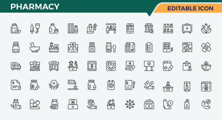 Pharmacy line icon set. Minimal icons collection. Vector illustration. Health icon pack. Included vitamin, treatment, dose, pharmaceutical, prescription and more.